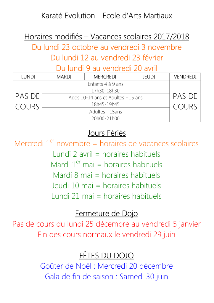 Horaires vacances scolaires et jours fériés 2017-2018